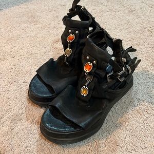 AS98 Platform Heel Black Leather Sandal